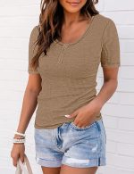 PIIRESO Women's Short Sleeve Button Scoop Neck Ribbed Shirts Summer Casual Solid Color Henley Top - Image 4